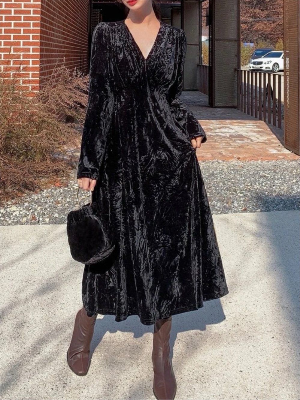 Velvet Black Floral Brushed Velvet Long Sleeve Midi Modest Dress